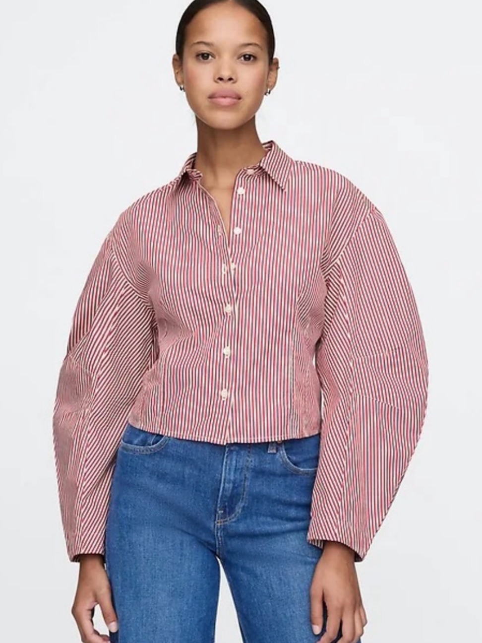 Gap Women’s Red And White Striped Barrel Sleeve Button-Down Blouse Size Medium